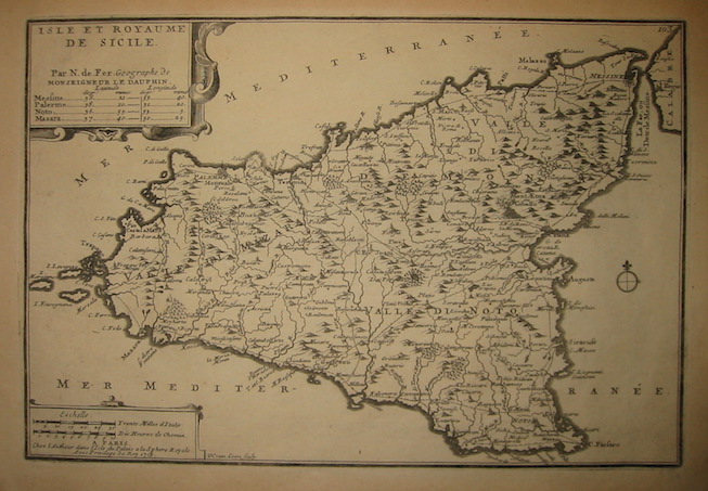 De Fer Nicolas (1646-1720) Isle et Royaume de Sicile 1705 Parigi 
